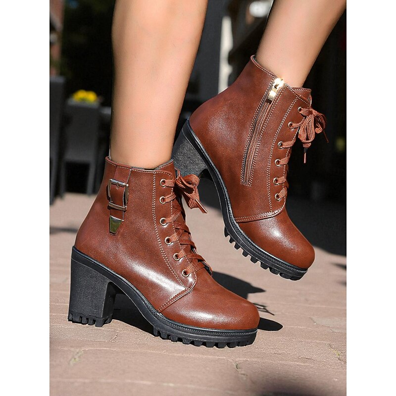 Women's Black Lace-Up Chunky Heel Ankle Boots – Faux Leather Combat Style with Side Zipper and Buckle Detail, Ideal for Autumn Outfits, Outdoor Activities, and Casual Streetwear4