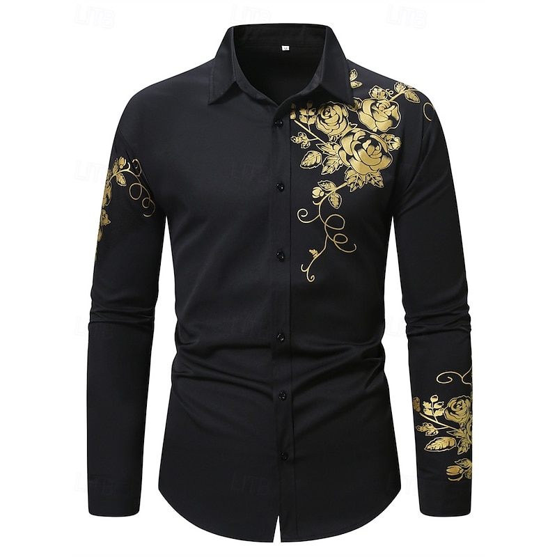 Men's Shirt Summer Shirt Casual Shirt Beach Shirt Button Up Shirt Black Long Sleeve Floral Lapel Vacation Hawaiian Bronzing Clothing Apparel Polyester Fashion Casual Comfortable2