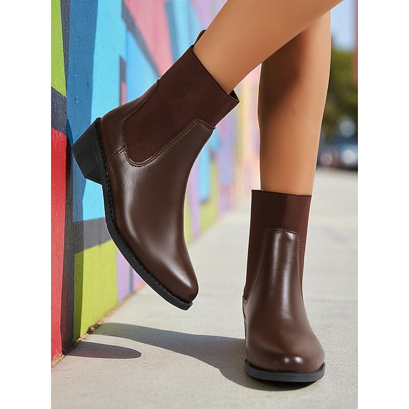 Women's Black Faux Leather Chelsea Ankle Boots - Elastic Slip-On Low Heel Booties for Daily Commuting, Fall Outfits and Urban Casual Wear4