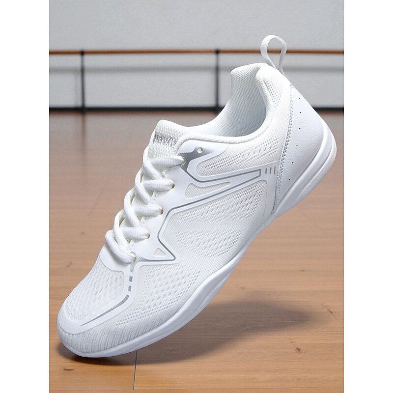 Women's White Flyknit Jazz Dance Sneakers - Lightweight Breathable Lace-Up Professional Training Shoes for Stage and Studio