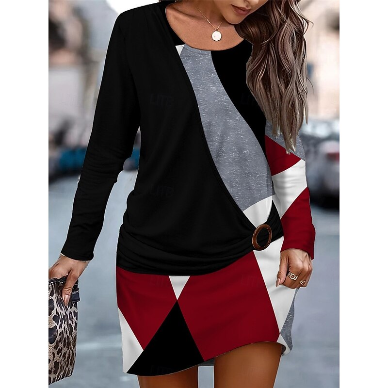 Women's Mini Dress Sheath Dress Wrap Dress Bandage Dress Casual Date Regular Fit Color Block Long Sleeve Crew Neck Black Red Burgundy Blue Fall Winter2