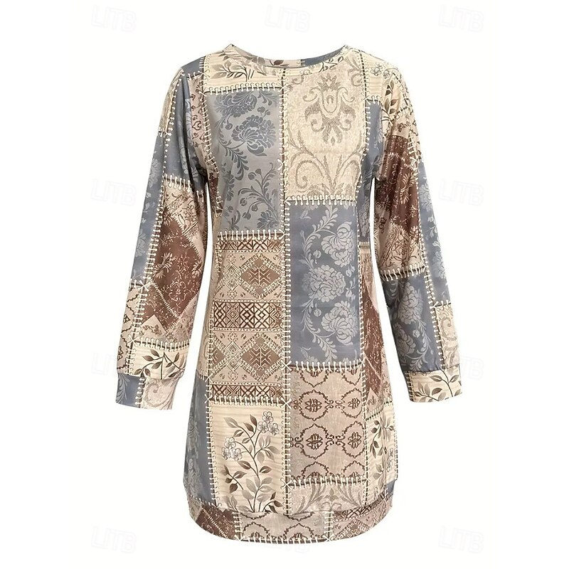 Women's Mini Dress Shift Dress Vacation Casual Birthday Daily Date Regular Fit Floral Graphic Striped Long Sleeve Crew Neck Light Brown Fall Winter2