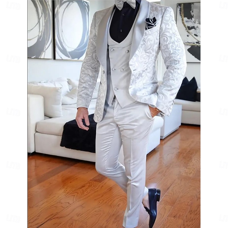 Men's Wedding Stage Party Suits Shawl Lapel White Fashion Party Print Slim Fit 3 Piece Double Breasted Two-buttons