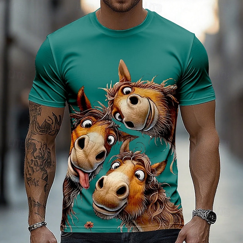 Men's Horse Funny T Shirt Short Sleeve T shirt 3D Print Crew Neck Shirt Exaggerated Designer Party Holiday Lake Blue Black White Summer Spring Clothing Apparel S M L XL XXL XXXL2