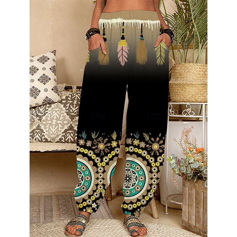 Women's Chinos Pants Trousers Vintage Ethnic Style Long High Waist Graphic Feather Pocket Elastic Waist Printing Breathability Soft Micro-elastic Vacation Street Daily Wear Yellow Red Fuchsia Green3