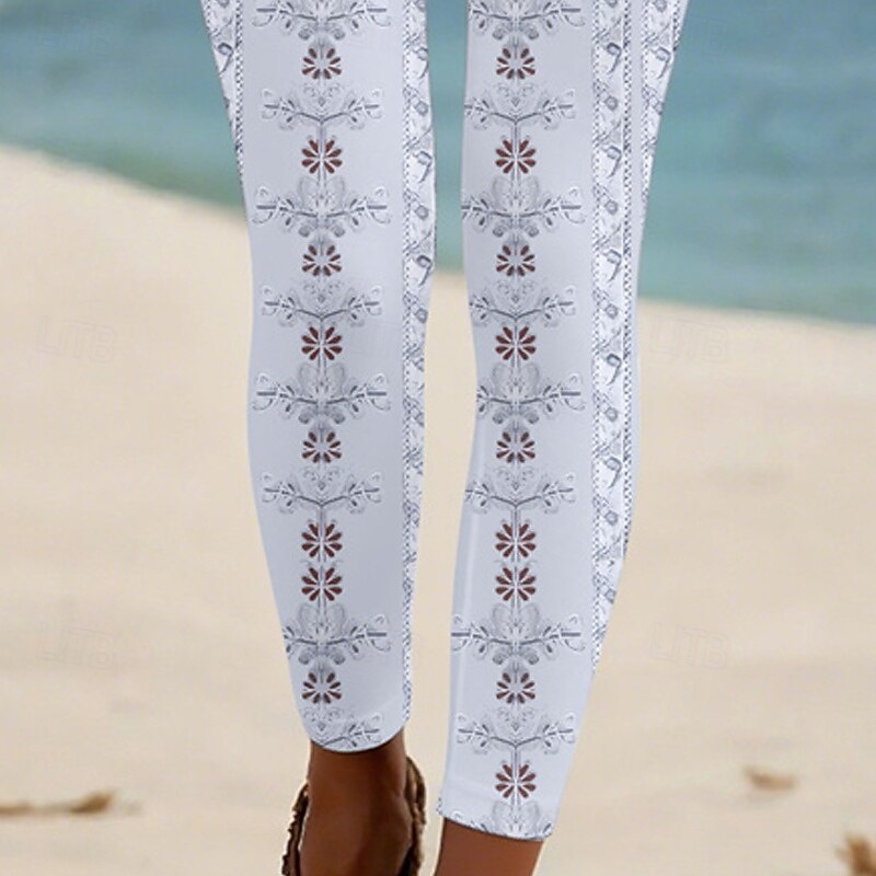 Women's Pants Trousers Leggings Cozy Leggings Streetwear Casual Full Length High Waist Floral Elastic Waist Print Breathability Comfortable Stretchy Vacation Street Daily Wear White Summer Spring Fall3