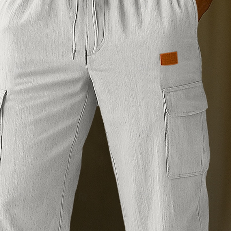 Men's Cargo Pants Linen Pants Trousers Summer Pants Beach Pants Drawstring Pocket Elastic Waist Plain Comfort Breathable Knee Length Vacation Daily Holiday Vacation Hawaiian Black White Inelastic3