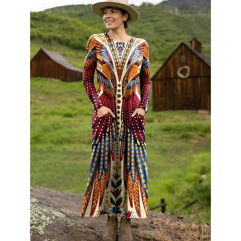 Women's Maxi Dress Sheath Dress T Shirt Dress Tee Dress Vacation Casual Boho Holiday Date Regular Fit Graphic Geometric Tribal Long Sleeve Crew Neck Black Yellow Red Light Brown Spring Fall