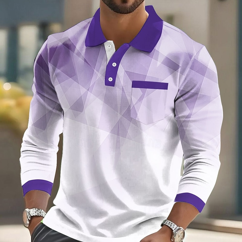 Men's Geometric Polo Long Sleeve Polo Shirts Lapel Business Casual Athleisure Daily Wear Pocket 3D Print Buttons Spring Fall Yellow Blue Purple3
