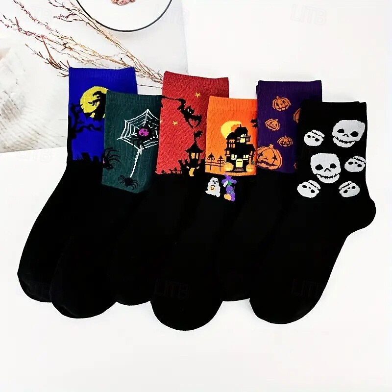 Halloween Cartoon Print Socks, Skull Pumpkin Bat Design, Unisex Moisture-Wicking Mid-Calf Socks for Autumn and Winter, Festive Casual Hosiery2