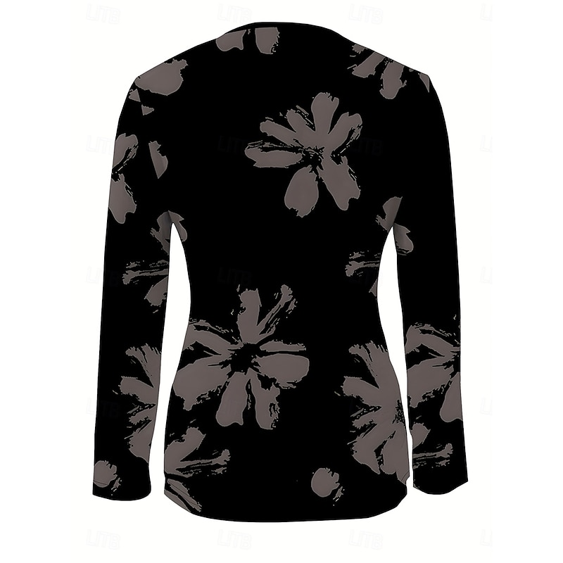 Women's T Shirt Floral Graphic Plants Elegant Vintage Stylish Long Sleeve Crew Neck Round Neck Notched Neck Regular Tops Daily Weekend Zipper Print Black Spring Fall Winter3