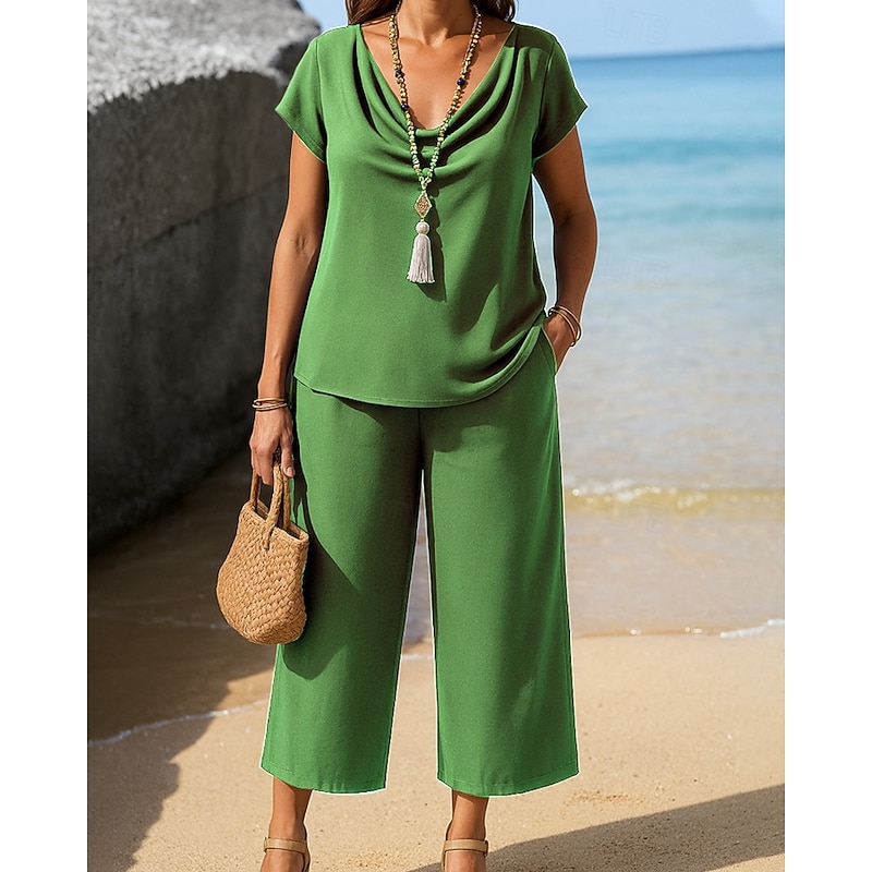 Women's Active Blouse Pants Sets Short Sleeve V Neck Solid Color Ruched Daily Wear Going out Weekend Navy Blue Blue Purple Summer Regular Fit2