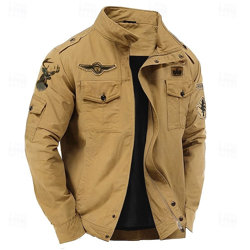 Men's Cotton Embroidered Military Jacket Windbreaker with Shoulder Straps Long Sleeve Standing Collar Multi-Pockets Trucker Jacket Reindeer Print Tactical Outerwear