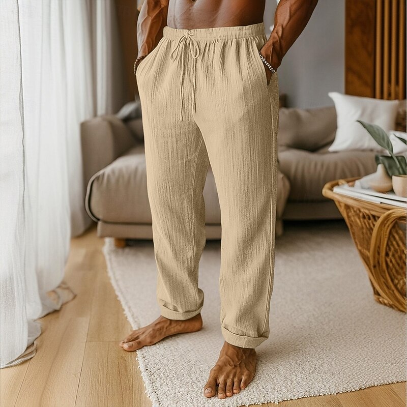 Men's Linen Pants Trousers Baggy Pants Beach Pants Drawstring Pocket Plain Comfort Breathable Full Length Daily Vacation Stylish Black White Inelastic4