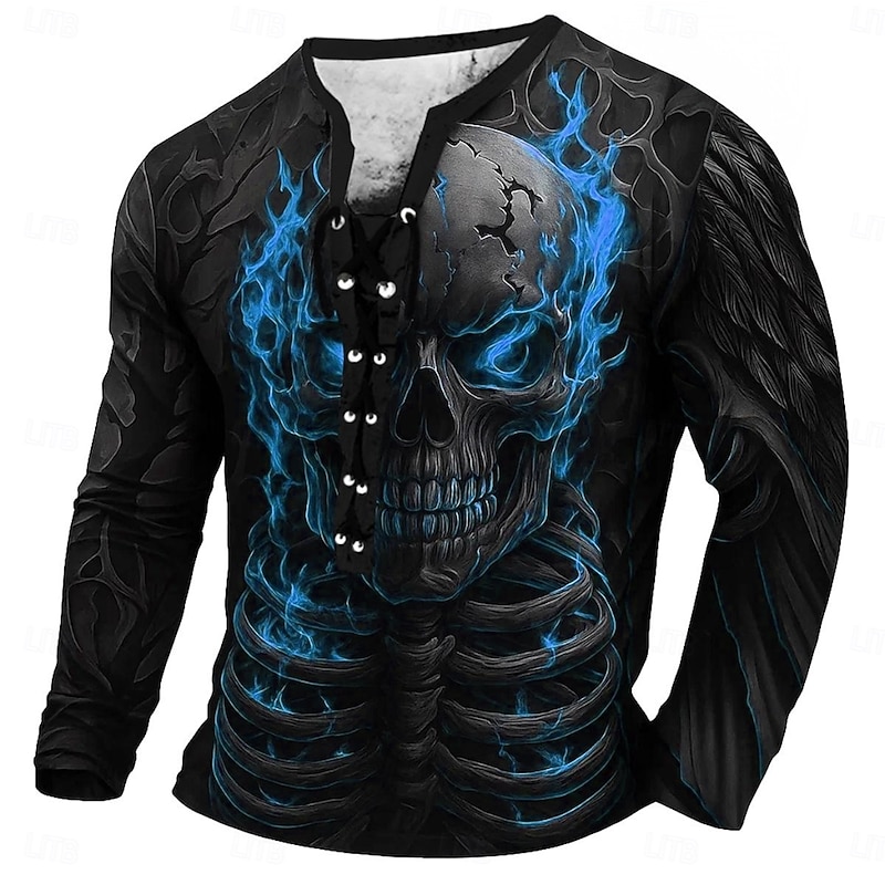Men's Halloween Skull Cool Skulls Bull T shirt Tee Long Sleeve Ugly Helloween Vintage Retro Halloween Spirit Halloween Halloween Party Fall Spring & Summer Red Blue Purple Green Lace Up Neck Henley3