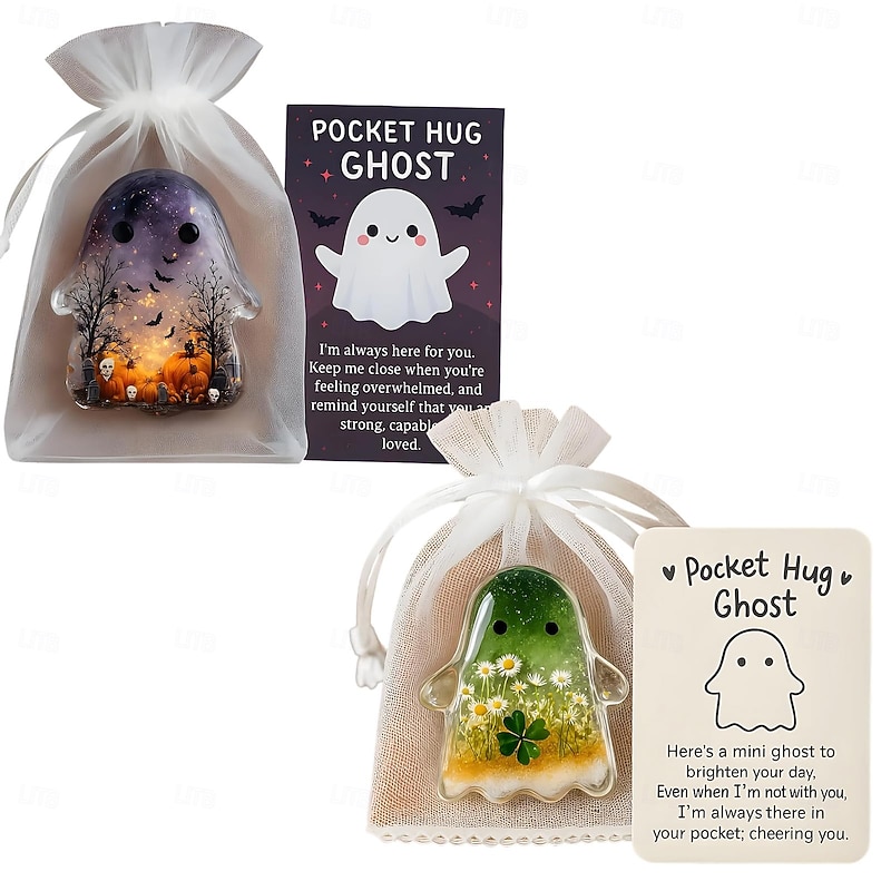 Halloween Pocket Hug Ghost with Encouragement Card Cute Mini Charm Inspirational Gift for Friends Hand Carved Gemstone Ghost Statue Sculpture for Home Desk Decor2