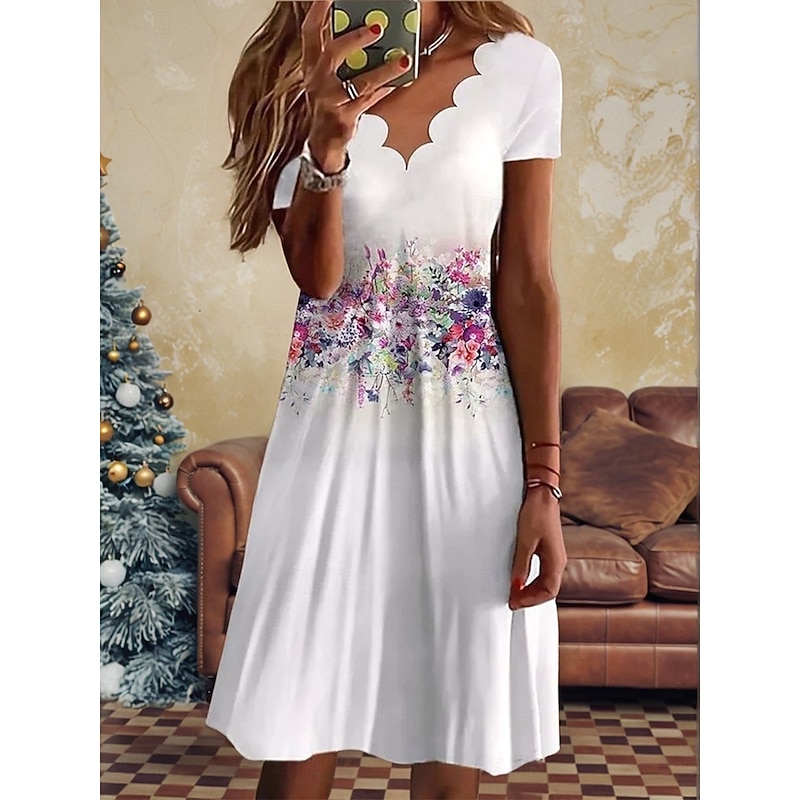 Women's Mini Dress A Line Dress Semi Formal Wedding Guest Cocktail Party Going out Regular Fit Floral Graphic Short Sleeve Black White Pink