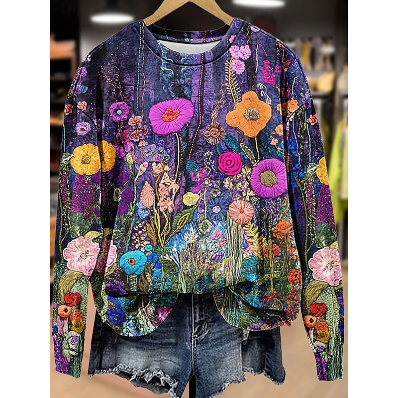 Women's Pullover Floral Graphic Warm Classic Casual Long Sleeve Crew Neck Round Neck Regular Tops Home Street Dailywear Print Red Purple Orange Spring Fall Winter