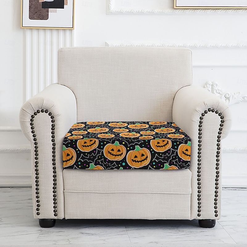 Halloween Seat Cushion Cover, Floral Yarn-Dyed Microfiber Slipcover, Stretchable and Washable for Dining Chairs and Patio Furniture3