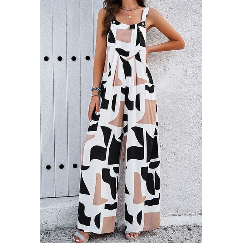 Women's Dungarees Active Graphic Sleeveless Sleeveless Wide Leg Pocket Buttons Vacation Daily Loose Fit Black White Navy Blue Summer4