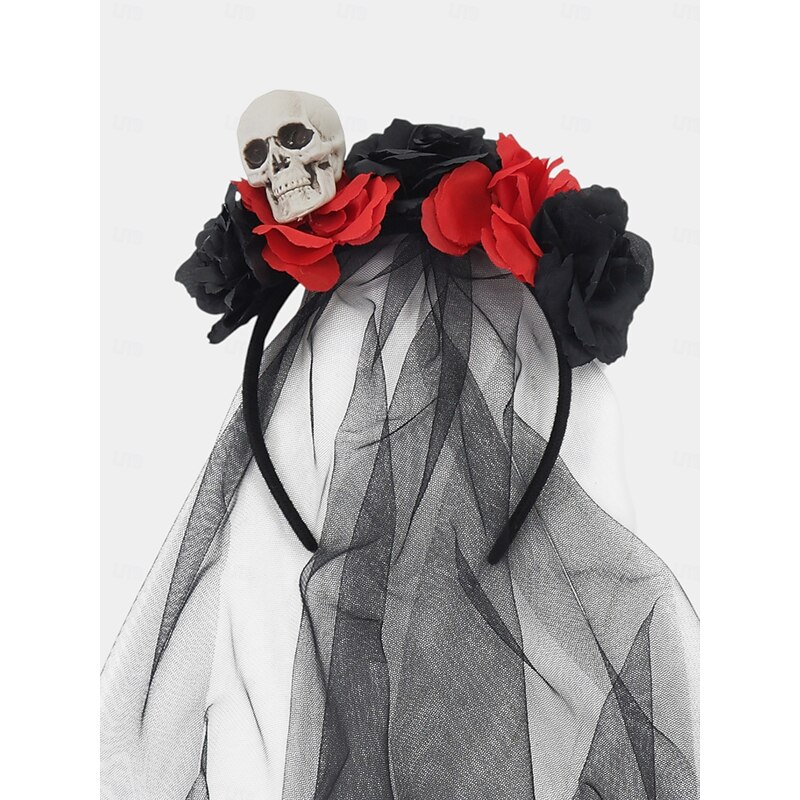 Women's Skull Headband with Red and Black Roses and Lace Veil, Gothic Halloween Costume Hair Accessory for Party4