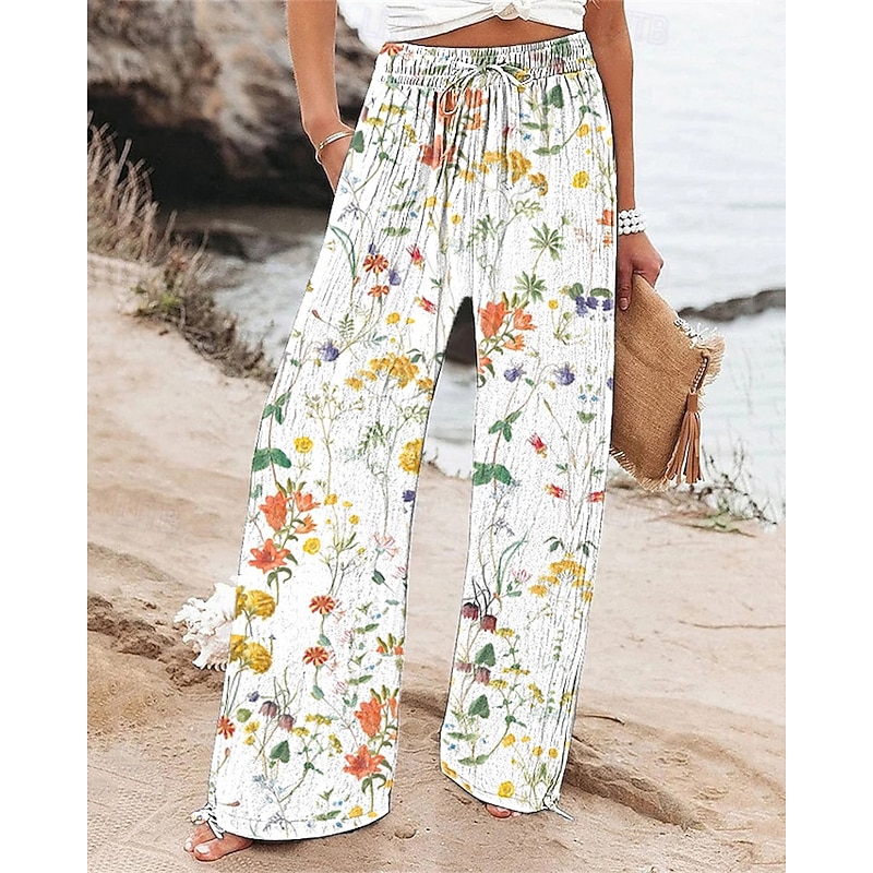 Women's Wide Leg Pants Trousers Palazzo Pants Fashion Boho Full Length High Waist Flower Drawstring Elastic Waist Print Breathability Comfortable Street Daily Wear Going out White Spring Fall Regular