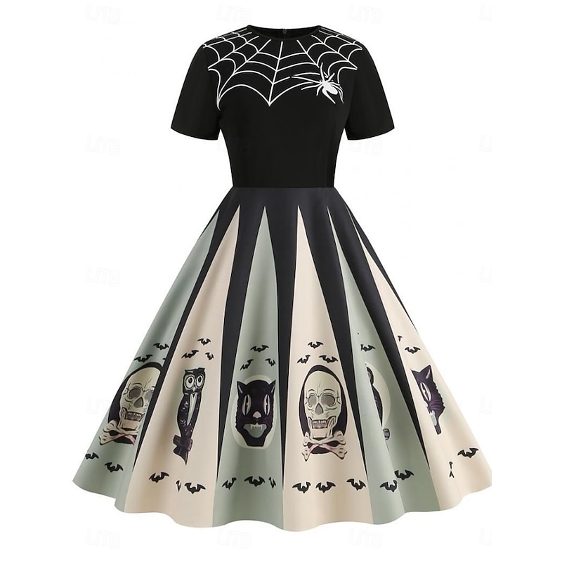 Halloween Women's Spider Web Print Midi Dress A Line Dress Casual Daily Holiday Regular Fit Pumpkin Spider web Short Sleeve Crew Neck Black Blue Orange Apricot Summer Spring Fall