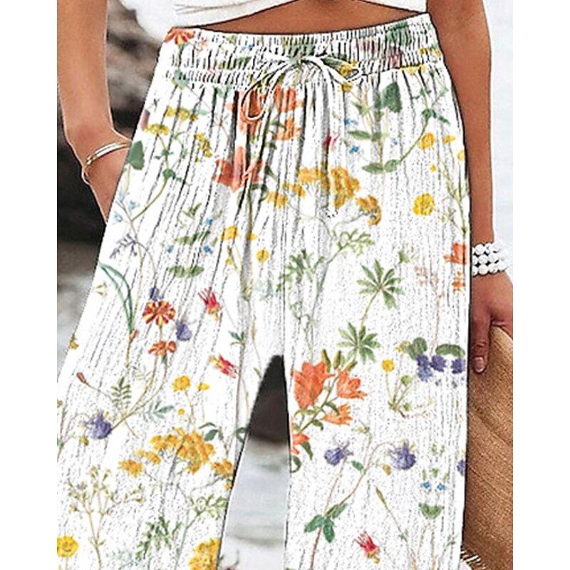 Women's Wide Leg Pants Trousers Palazzo Pants Fashion Boho Full Length High Waist Flower Drawstring Elastic Waist Print Breathability Comfortable Street Daily Wear Going out White Spring Fall Regular2