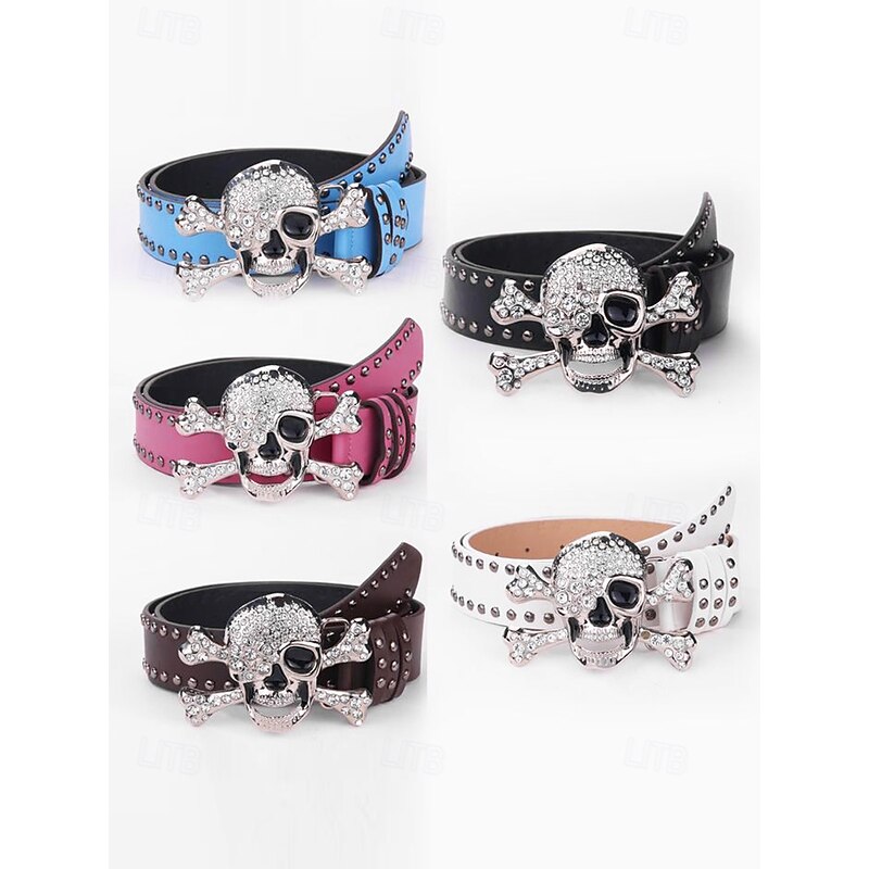 Unisex Halloween Skull Belt – Studded Faux Leather Strap with Crystal Skull and Crossbones Buckle – Perfect for Halloween Costumes and Casual Wear2