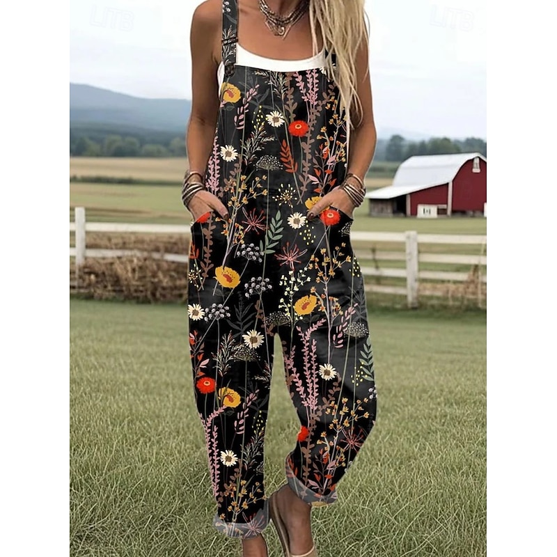 Women's Dungarees Active Floral Sleeveless Harem Drawstring with Pocket Vacation Street Loose Fit Black White Blue Summer4