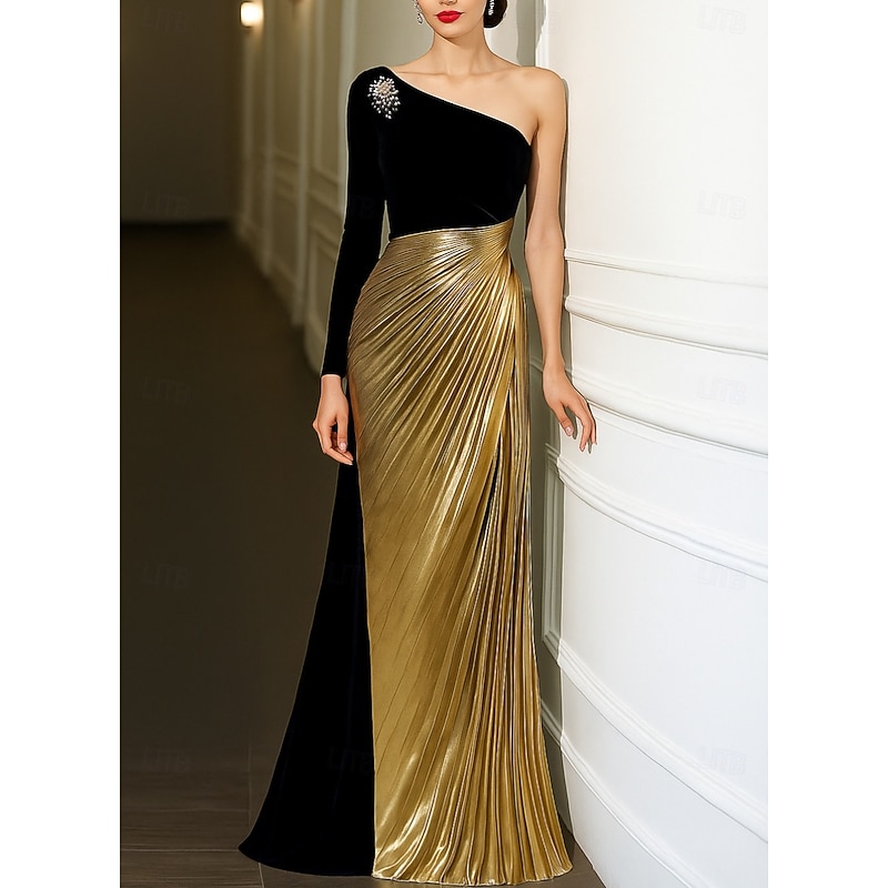 Black Gold A-Line Evening Gown Elegant Dress Formal Wedding Floor Length Long Sleeve One Shoulder Champagne Mother Of the Bride Dress Satin with Pleats 20253