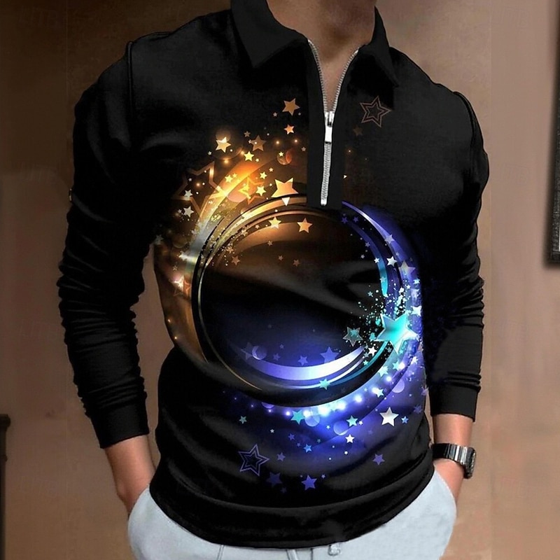 Men's 3D Print Abstract Geometic Polo Long Sleeve Turndown Casual Trendy Street Athleisure Casual Daily Zipper Spring Fall Winter Black Red Brown