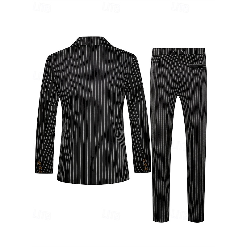 Men's Blazer Set Business Cocktail Party Wedding Party 2 Piece Fashion Casual Spring Fall Polyester Stripe Pocket Buttons Comfortable Double Breasted Blazer Black4