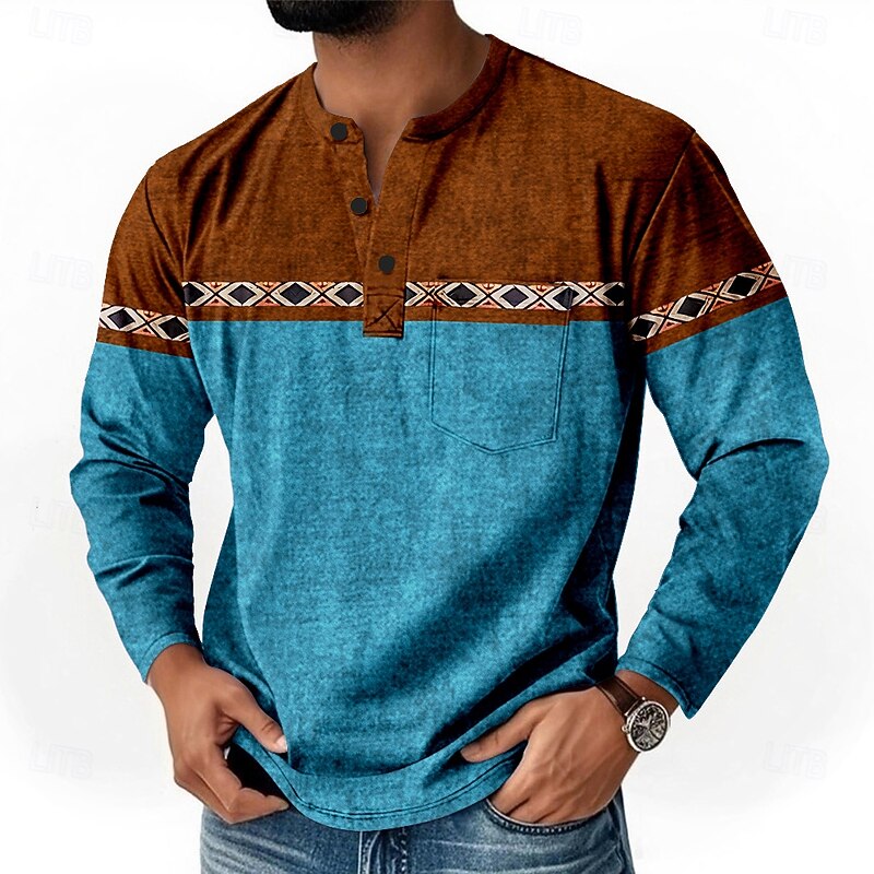 Men's Geometric Retro Ethnic Henley Shirt T shirt Tee Long Sleeve Retro Vintage Casual Casual Spring Fall Blue Green Purple Henley Henley T-Shirt3