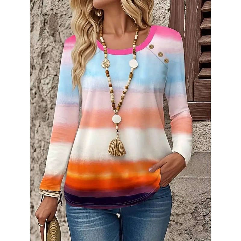 Women's T Shirt Ombre Graphic Geometric Vintage Stylish Classic Long Sleeve Crew Neck Round Neck Regular Tops Daily Going out Weekend Buttons Print Purple Fuchsia Orange Spring Fall Winter