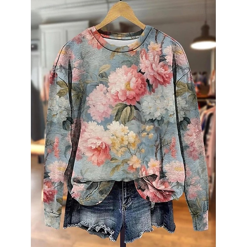 Women's Pullover Sweatshirt Floral Graphic Warm Active Vintage Long Sleeve Round Neck Regular Tops Street Dailywear Casual Print Yellow Pink Red Blue Beige Spring Fall Winter2