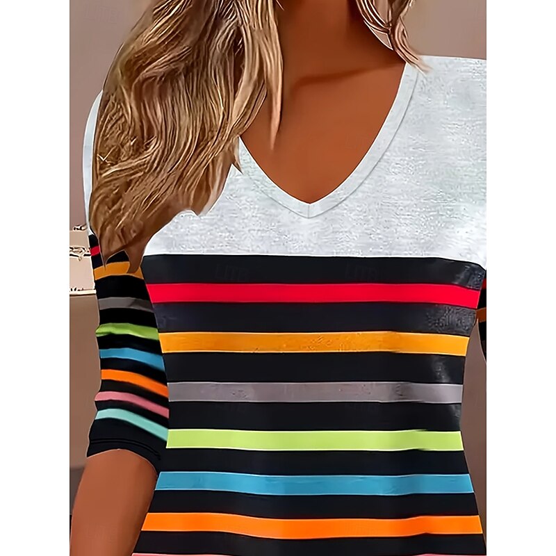 Women's T Shirt Graphic Geometric Striped Vintage Stylish Classic Long Sleeve V Neck Regular Tops Daily Print Gray Summer Spring Fall3
