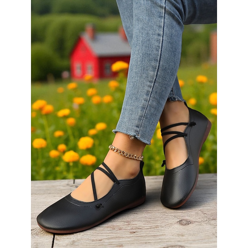 Women's White Ballet Flats with Red Crisscross Straps – Elegant Round-Toe Slip-On Shoes for Picnics, Garden Parties and Everyday Wear