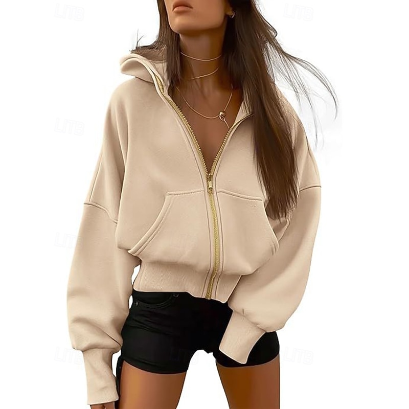 Women's Zip Up Hoodies Plain Streetwear Casual Long Sleeve Hooded Regular Tops Street Going out Zipper Pocket Light Pink Black White Navy Blue Army Green Fall Winter - Main Image