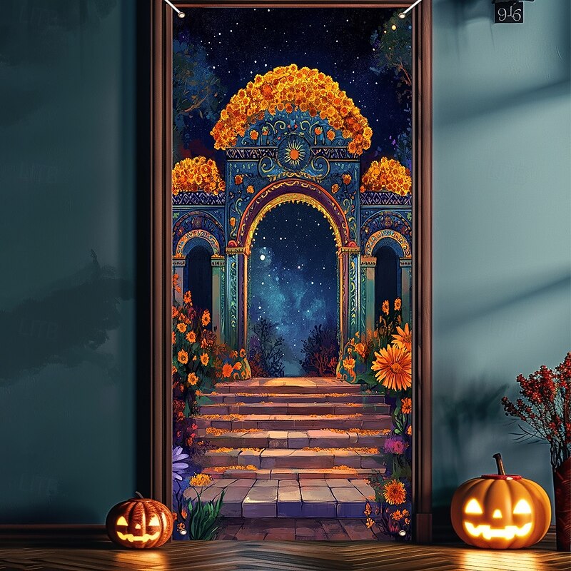 Day of the Dead Door Cover Outdoor Banners Skeleton Marigold Mexico Psychedelic Dark Punk Gothic Style Party Outdoor Shooting Backgrounds Front Door Wall Porch Home Decor4