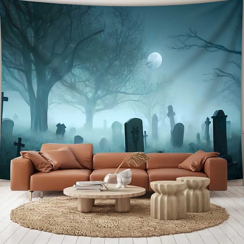 Halloween Tapestry – Happy Halloween Wall Hanging with Glowing Pumpkins, Skulls, Moonlight Forest and Spider Webs, Party Backdrop for Home or Bedroom Decor3