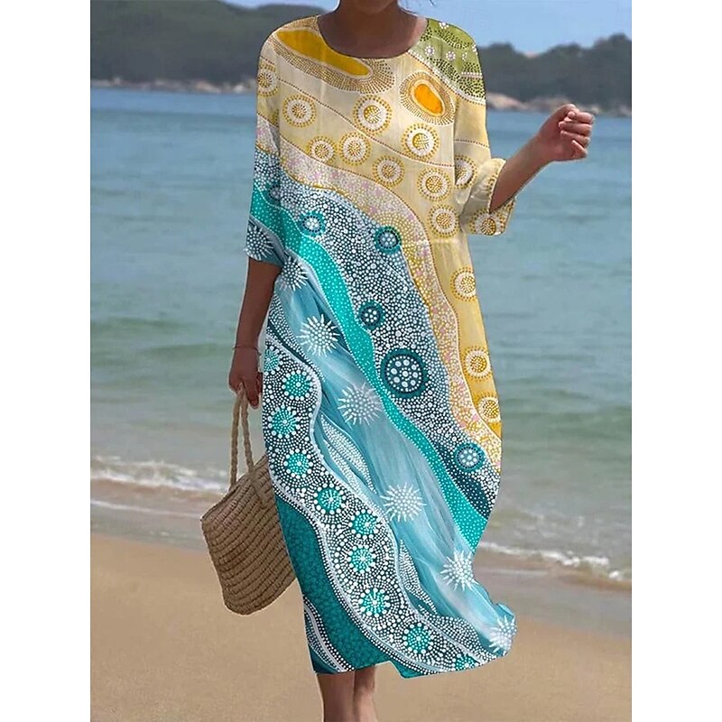 Women's Maxi Dress Kaftan 3/4 Length Sleeve Crew Neck Casual Shift Dress Dress Boho Daily Holiday Date Graphic Geometric Yellow Blue Purple Spring Fall