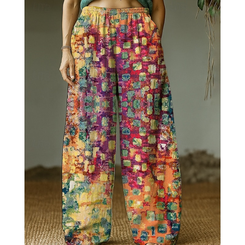 Women's Slacks Straight Streetwear Casual Full Length Natural Flower Pocket Elastic Waist Printing Comfortable Street Daily Wear Weekend Wine Yellow Light Green Blue Fall Regular Fit