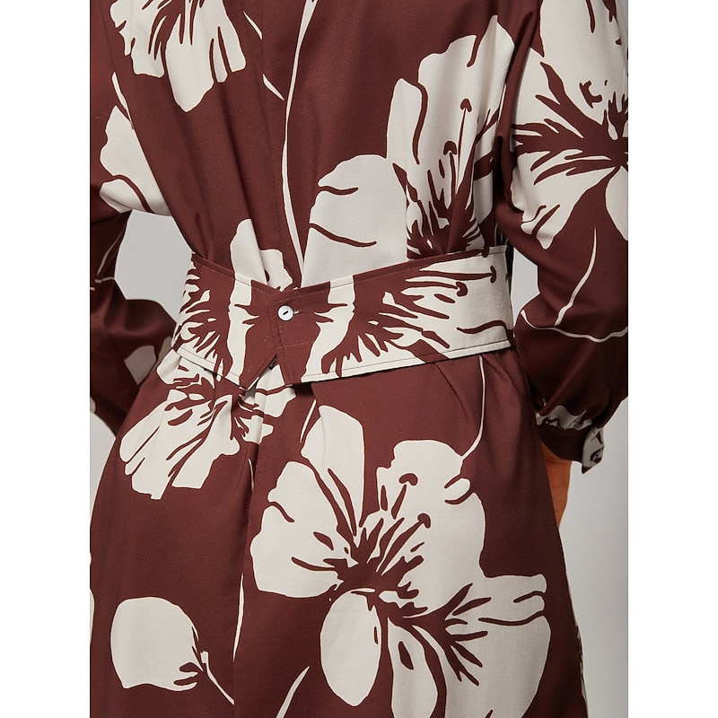 Women's Midi Dress Brown Floral Print Rayon Shirt Raglan Sleeve Adjustable Elastic Waistband Comfortable Fit Casual Daily Spring Summer Fall2