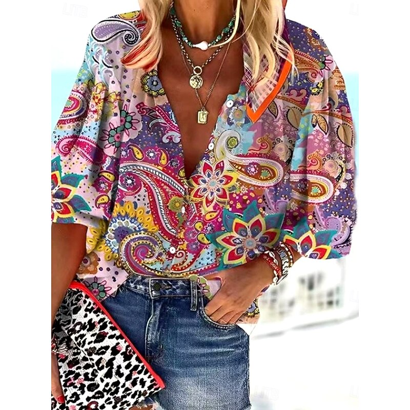 Women's Summer Tops Floral Graphic Bohemia Vintage Daily 3/4 Length Sleeve V Neck Regular Tops Daily Holiday Beach Wear Print Light Green Pink Rose Pink Summer Spring Fall3