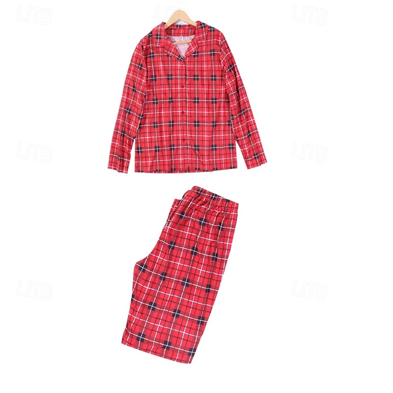 Family Pajamas Plaid Home Print Red Long Sleeve Active Matching Outfits3