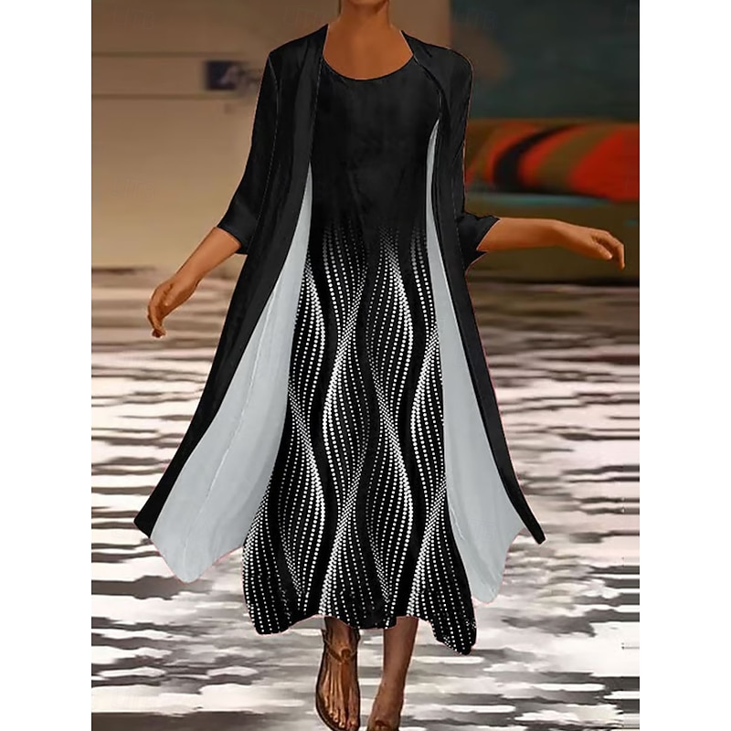 Women's Dress Set Maxi Dress Shift Dress Summer Dress Casual Graphic Geometric Layered Print Maxi Dress 3/4 Length Sleeve Crew Neck Daily White Red Spring Fall Regular Fit3