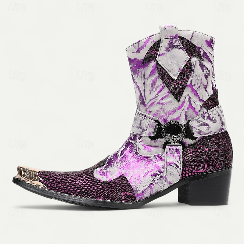 Men's Purple Floral Pointed Toe Ankle Boots – Leather Western Style Party Shoes for Nightlife, Stage Performance and Festivals3
