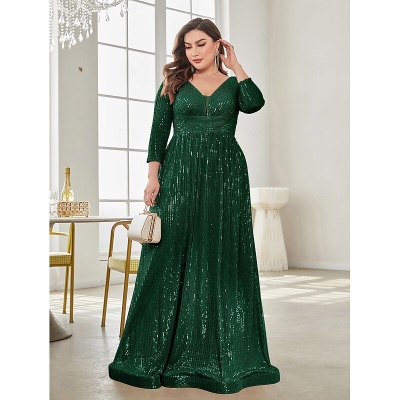 A-Line Party Dresses Elegant Dress Formal Floor Length Long Sleeve V Neck Fall Wedding Guest Sequined with Glitter Sequin