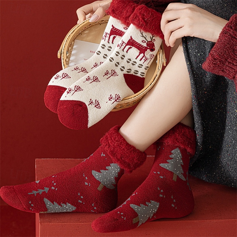 Thick Fuzzy Christmas Socks for Women, Plush Warm Winter Mid-Calf Socks with Extra Soft Lining, Cute Red Socks with Reindeer Design, Cozy Thermal Holiday Sleep Socks4